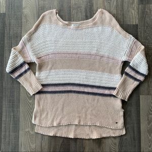 American Eagle Stripped Oversized 3/4 Sleeve Knit Sweater Cream White Blue Pink
